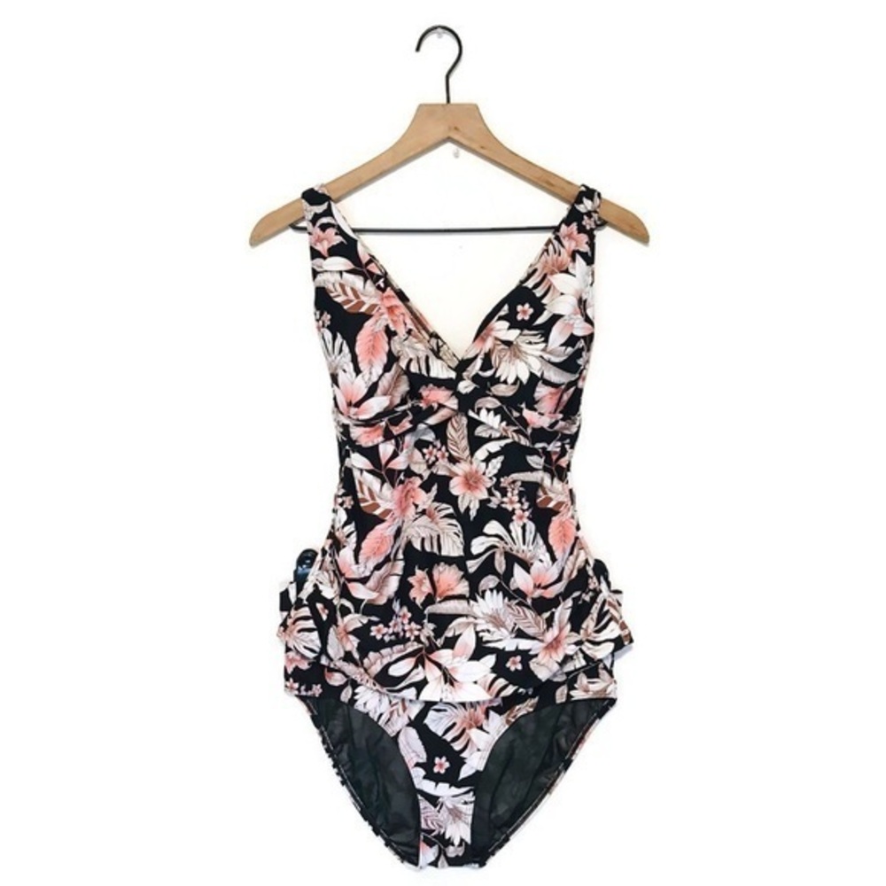 Sea Level Tamarin Seppia Tankini Two Piece Shirred Black Floral Swimsuit 10 Med